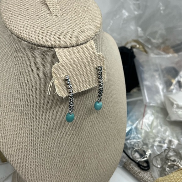 Vintage Diamonique & Turquoise Dangle Earrings 925 Sterling Silver - Picture 5 of 16